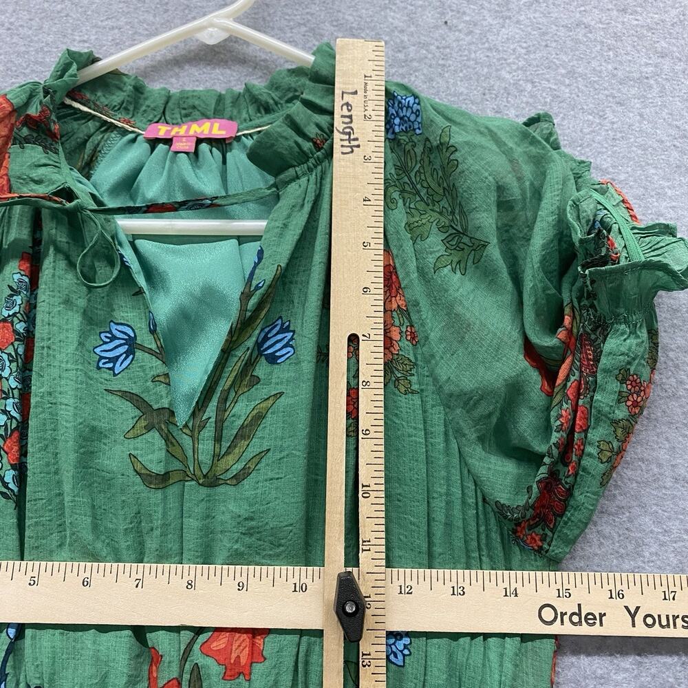 THML Green Floral Tiered Maxi Dress Small Boho Cottagecore Puff Sleeve Smocked - Picture 9 of 10